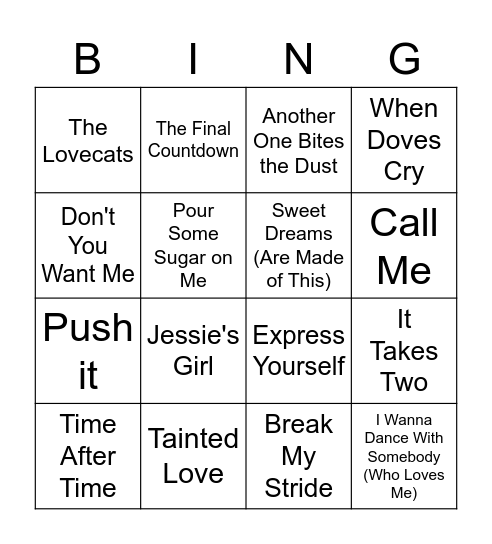 80s Bangazzz Bingo Card