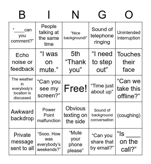 Virtual Meeting Bingo Card