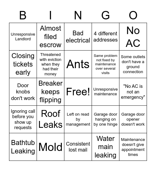 Vinebrook Homes House Bingo Maintenance Bingo Card