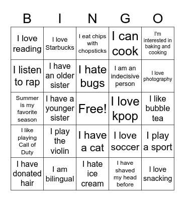 GYLT Cohort B: Pre-Program Bingo! Bingo Card