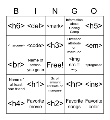 About Me Site Bingo! Bingo Card