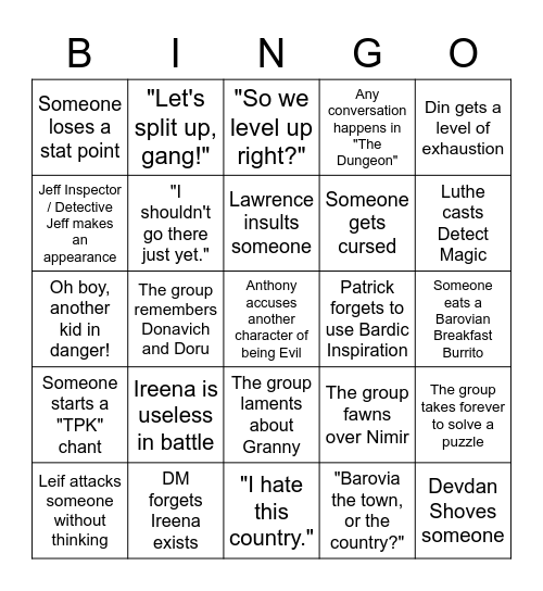 Curse of Strahd Bingo Card