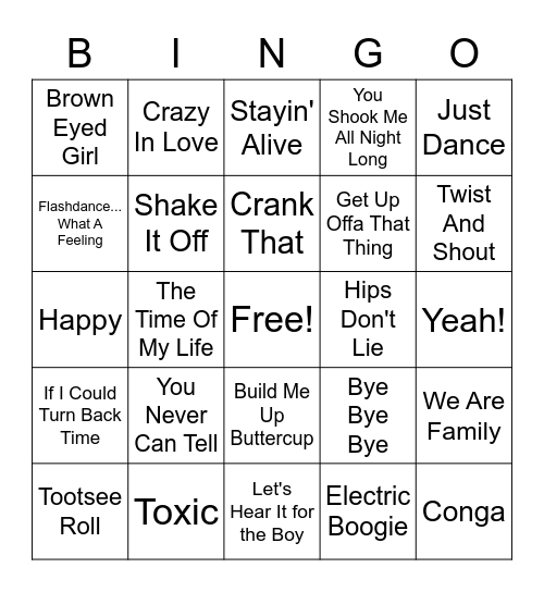 Famous Dance Songs Bingo Card
