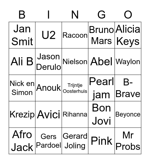 Pop artiesten Bingo Card