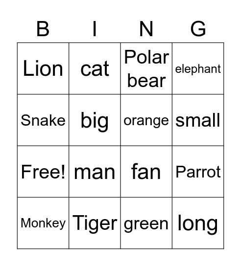 Animals Bingo Card