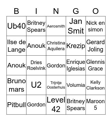 Pop Artiesten Bingo Card