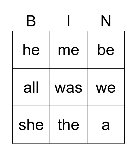 Tricky words Bingo Card