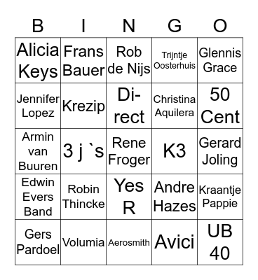 Pop Artiesten  Bingo Card