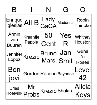 Pop Artiesten  Bingo Card