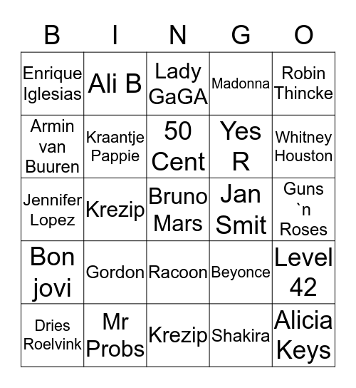 Pop Artiesten  Bingo Card