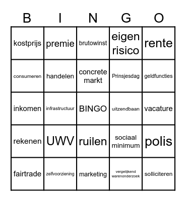 Economische bingo klas 2 VMBO TL Bingo Card