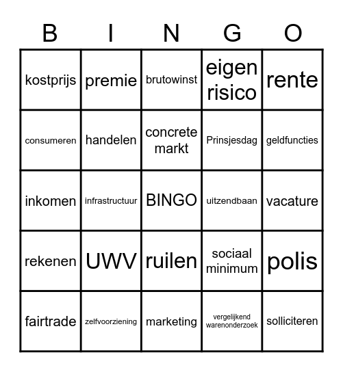 Economische bingo klas 2 VMBO TL Bingo Card