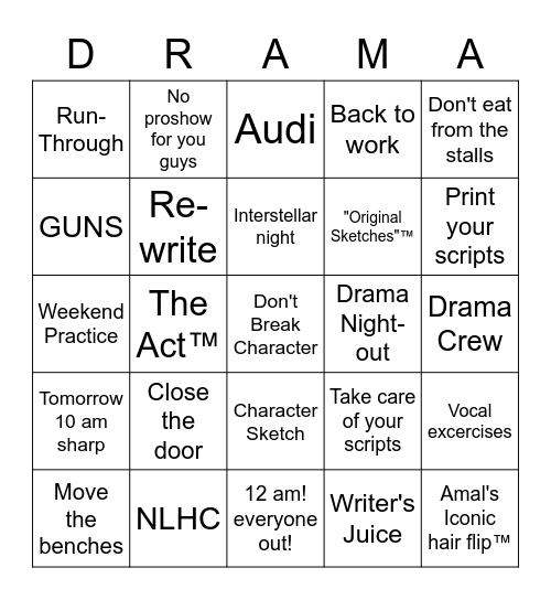 Drama Farewell Bingo Card