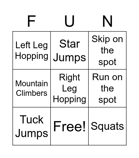 Fitness Bingo - Junior Club Bingo Card