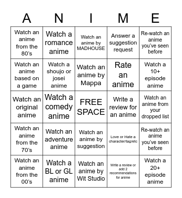 AP's Anime Bingo Challenge Summer 2020 Bingo Card