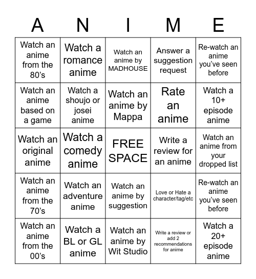 AP's Anime Bingo Challenge Summer 2020 Bingo Card