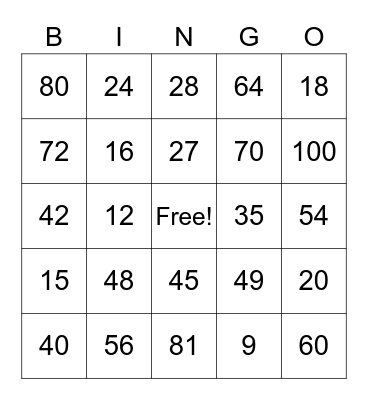Multiplication BINGO Card