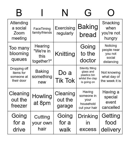 Coronavirus Experiences Bingo Card