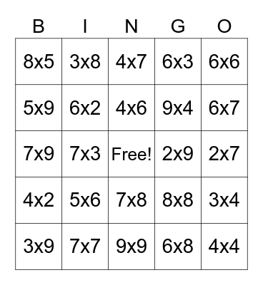 Multiplication Bingo Card