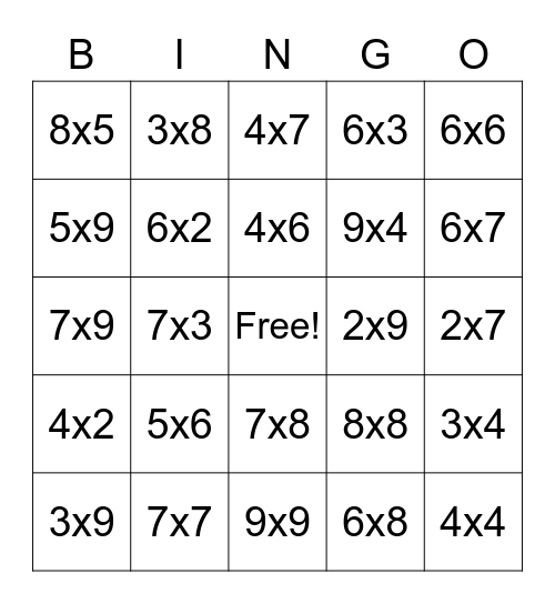 Multiplication Bingo Card