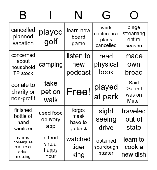 Quarantine Bingo Card