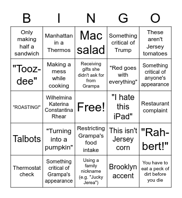 Beach Gma Says Bingo Card