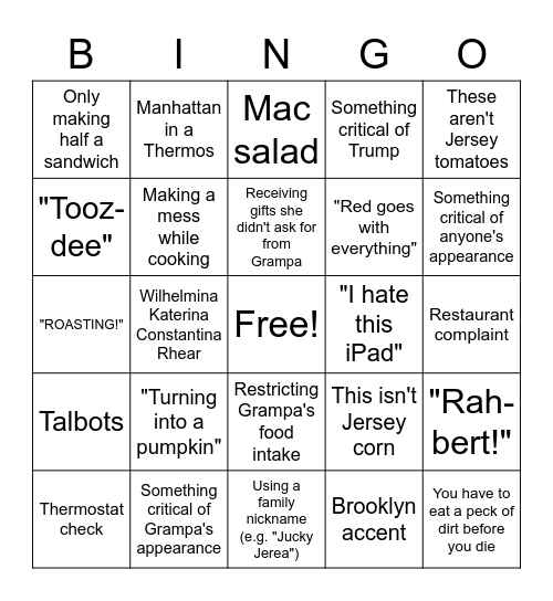 Beach Gma Says Bingo Card