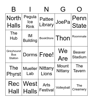 Penn State Bingo Card