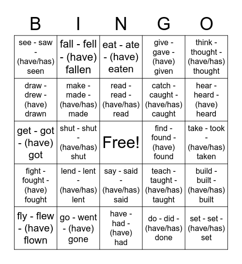 SOL3 - ele - Unit 7 - Irregular Verbs (3 forms) Bingo Card