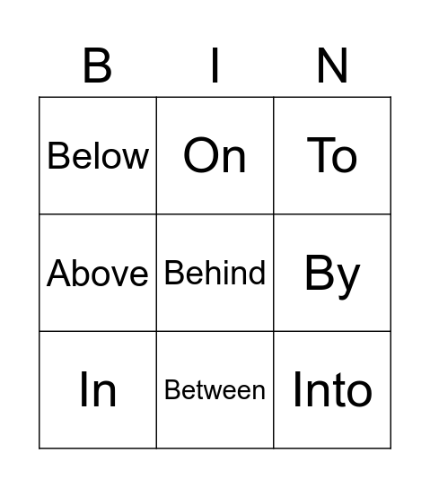 Prepositions Bingo Card