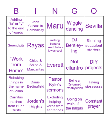 Sarah B's Favorite Things Bingo Card