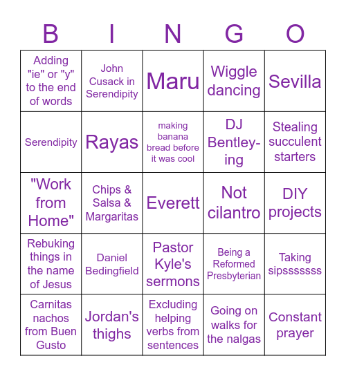 Sarah B's Favorite Things Bingo Card