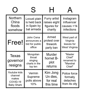 July 2020 Bingo Card