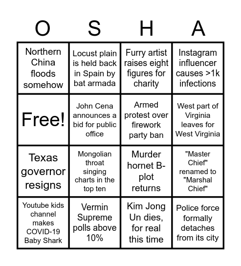 July 2020 Bingo Card