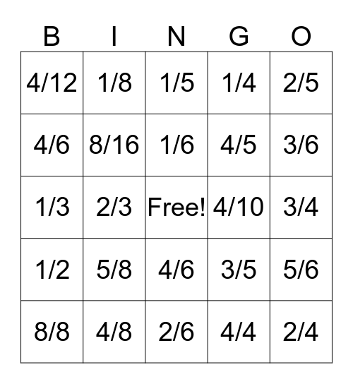 Fraction Bingo Card