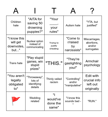 Am I The Asshole? Bingo Card