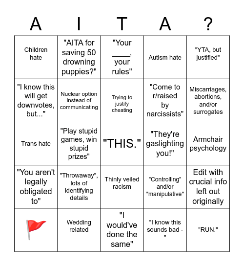 Am I The Asshole? Bingo Card
