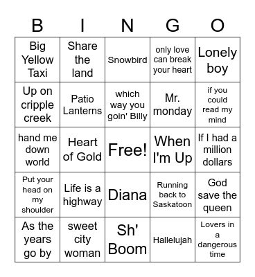 Canadian Music Bingo Card