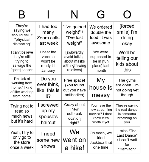 Quarantine Bingo Card