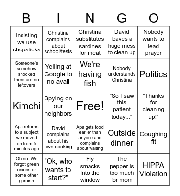 Family Dinner Bingo Card