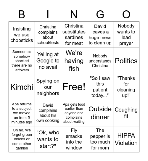 Family Dinner Bingo Card