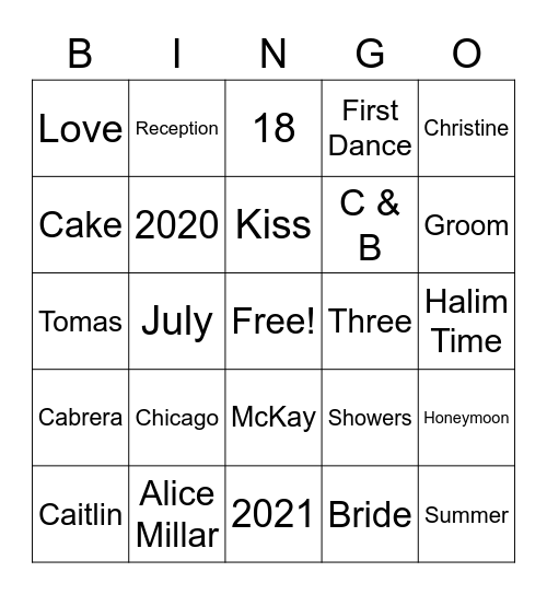Caitlin's Bridal Shower Bingo Card