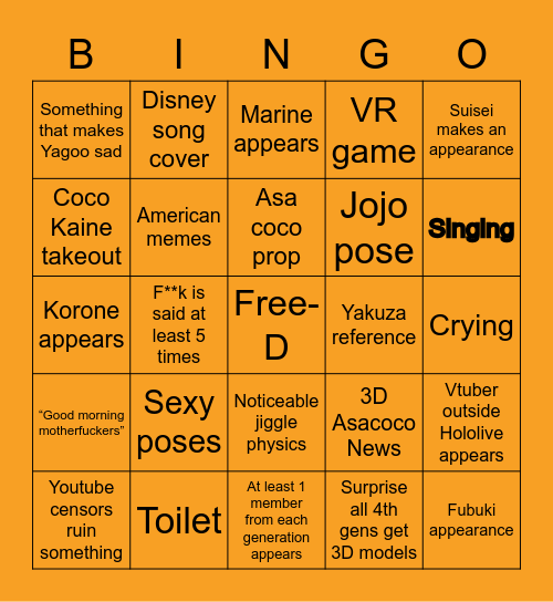 Coco Kiryu 3D debut bingo Card