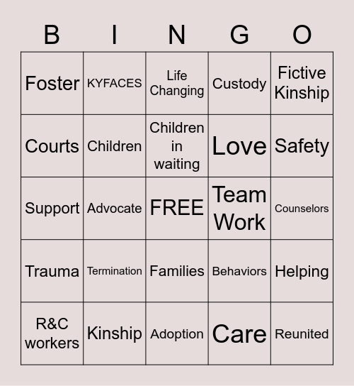 Foster and Adoptive care Bingo Card