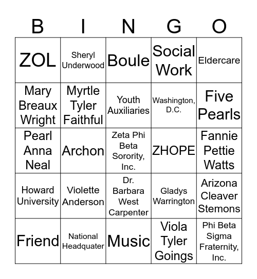 Zeta Phi Beta Sorority, Inc.  Bingo Card