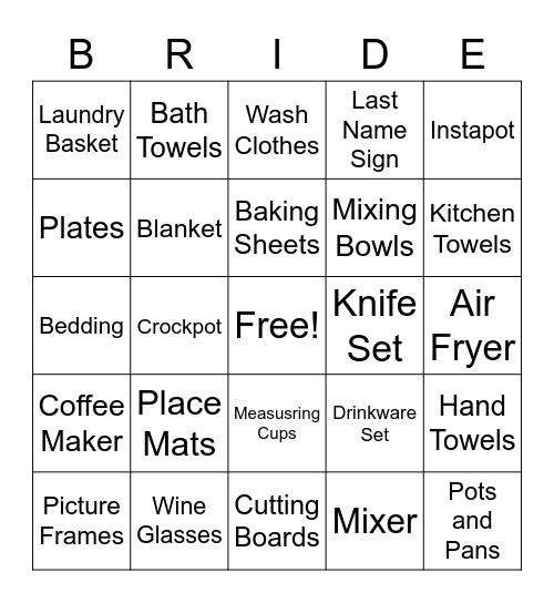 Lexi's Bridal Shower Bingo Card