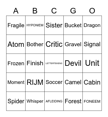 Syllables Bingo Card