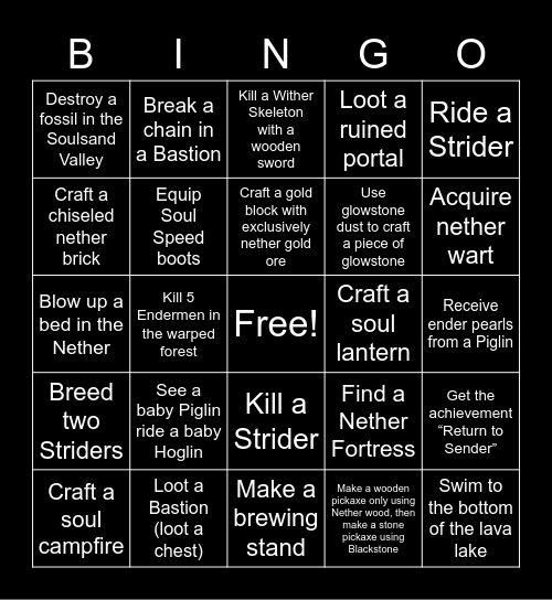 Nether Bingo Card