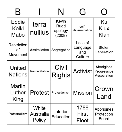 Rights & Freedoms Bingo Card