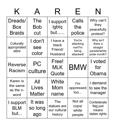 Karen Behavior Bingo Card